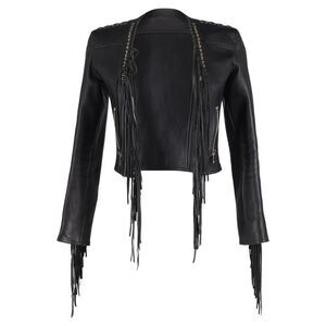Balmain Fringe Cropped Jacket in Black Leather